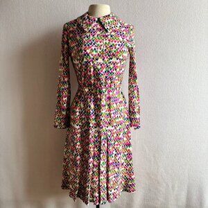 1970s Abstract Print Long Sleeve Pleated Dress
